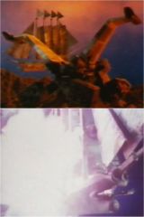 The Skull landing next to X-Bomber, and the Skull taking a hit from Makara's cruiser