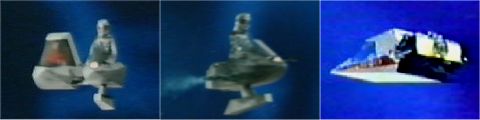 The Space Chopper, intact and damaged, and X-Bomber's two-seater shuttlecraft
